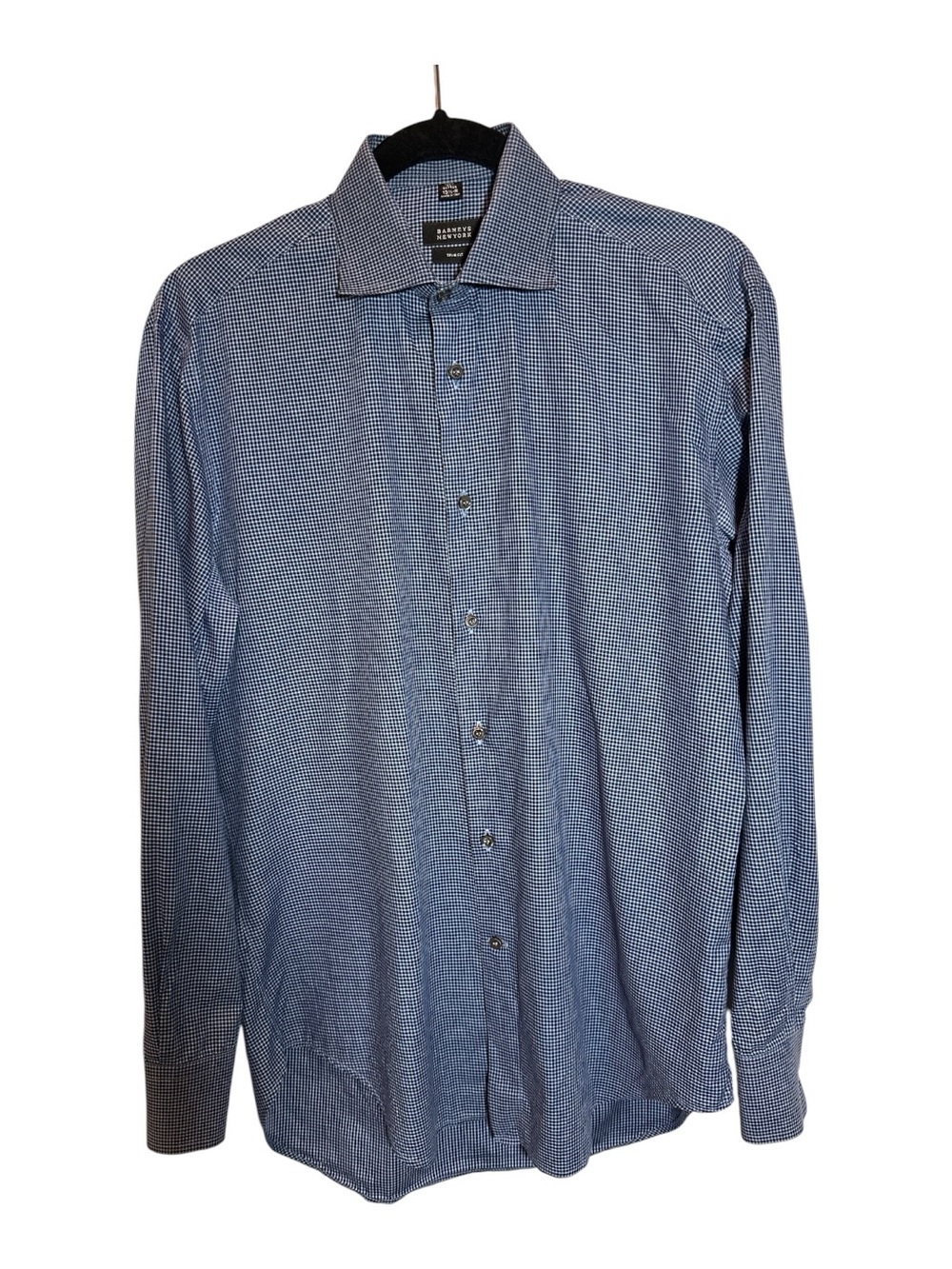 Barneys New York Mens Blue Gingham Check Long Sleeve Dress Trim Fit Shirt 15.5R
